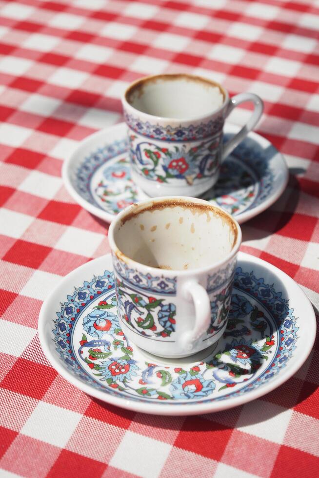 top view of empty coffee cup on table , photo