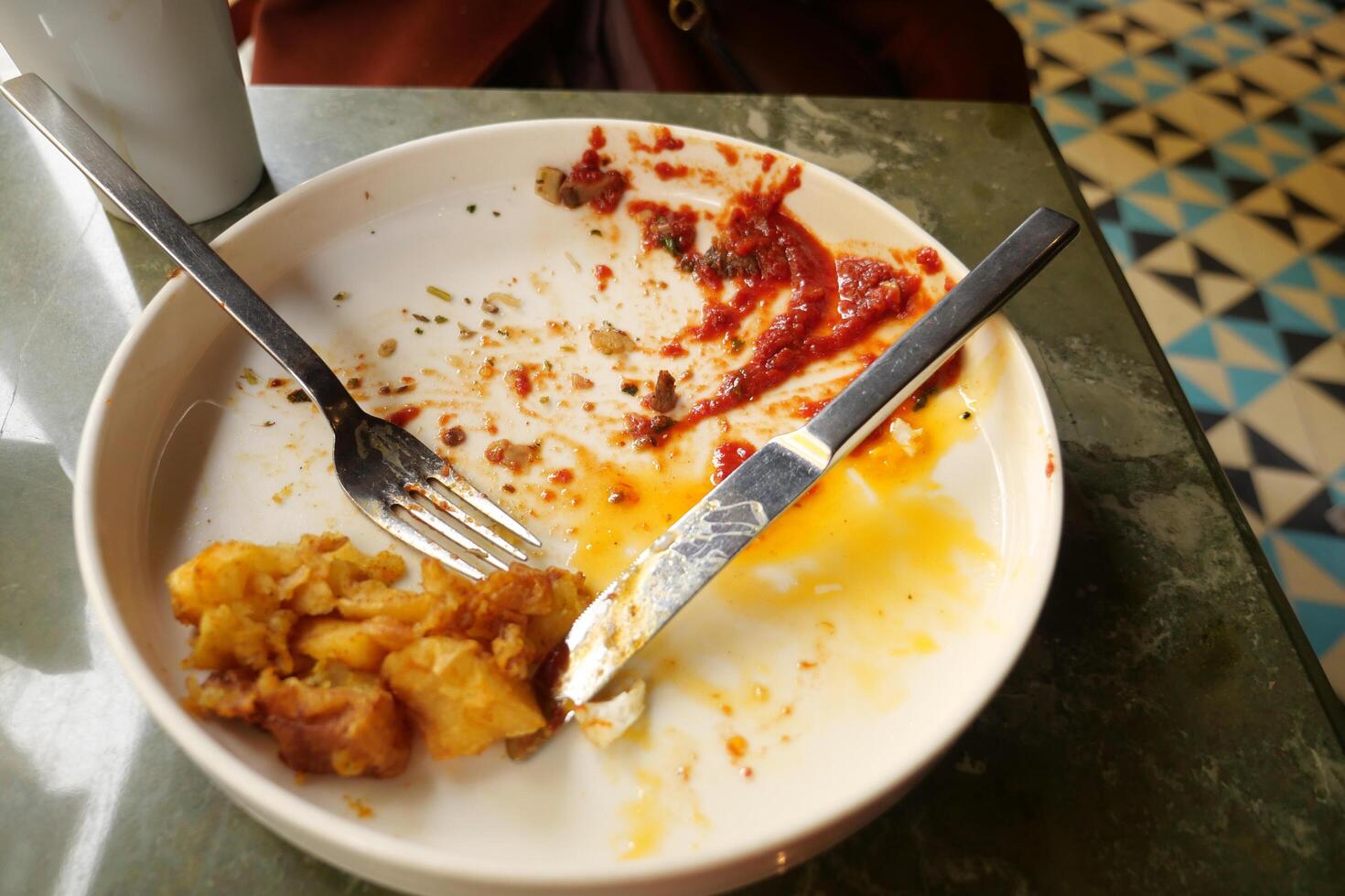 An empty dirty plate with a fork. photo