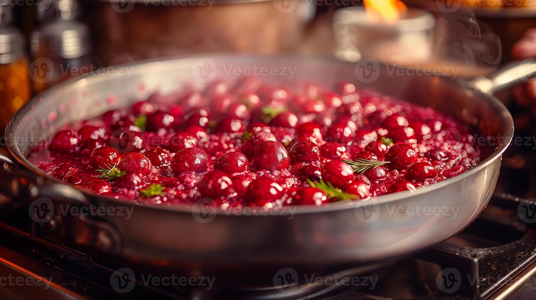 AI generated Freshly picked lingonberries in a pot. Vibrant red berries, jam, food photography. Generated by artificial intelligence. photo