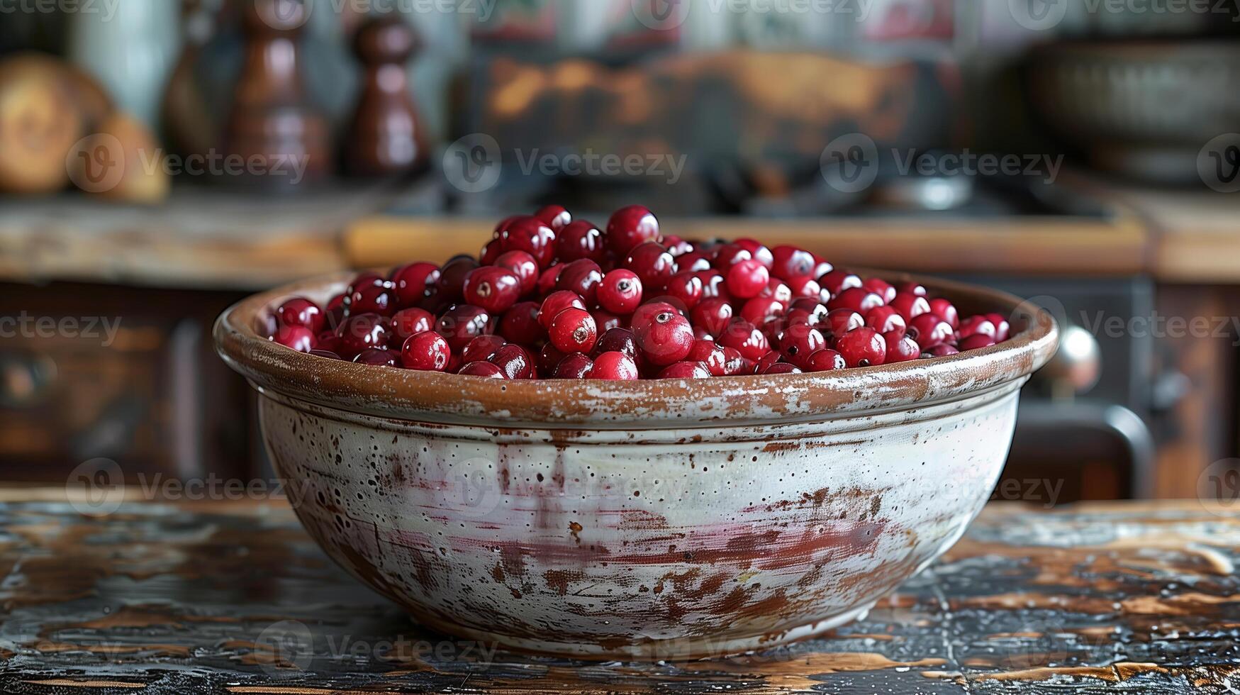 AI generated Freshly picked lingonberries in a pot. Vibrant red berries, jam, food photography. Generated by artificial intelligence. photo