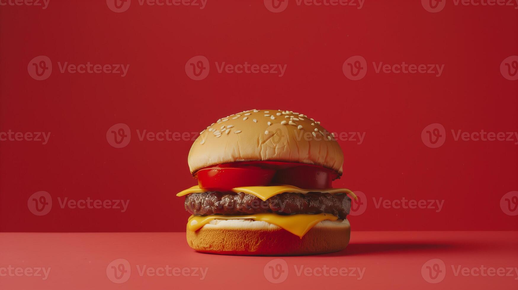 AI generated A burger on mono color studio with red background, product shooting vibes, the burger patty looking delicious. Generated by artificial intelligence. photo