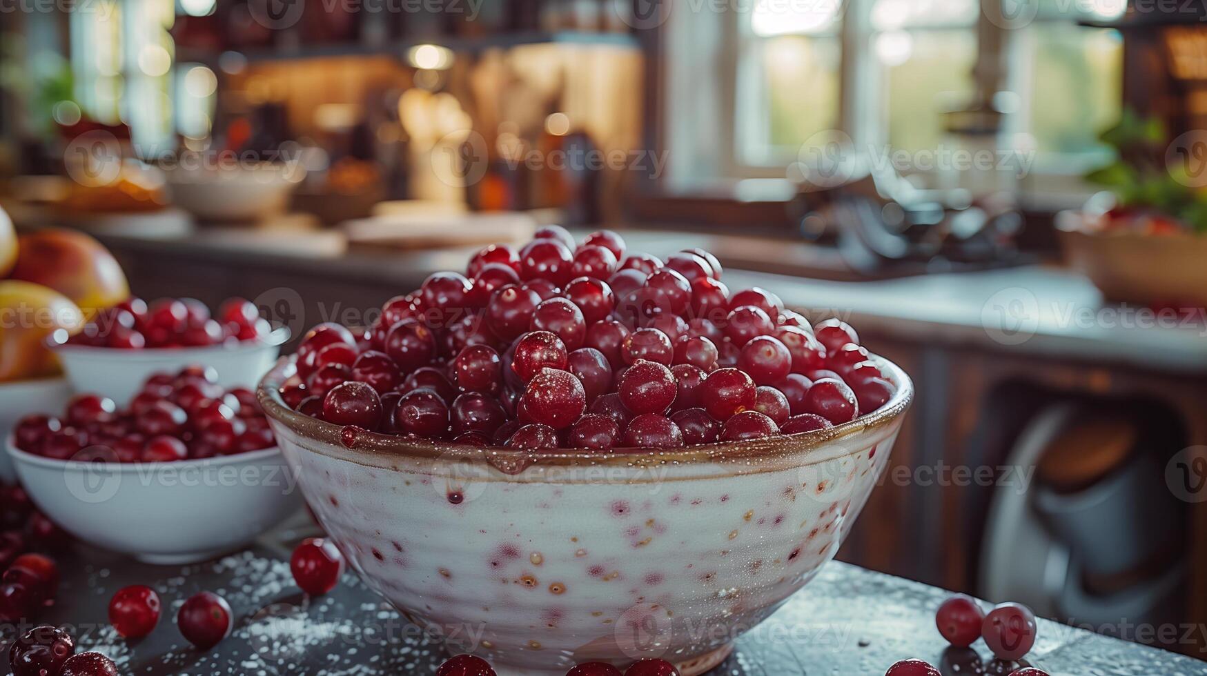 AI generated Freshly picked lingonberries in a pot. Vibrant red berries, jam, food photography. Generated by artificial intelligence. photo