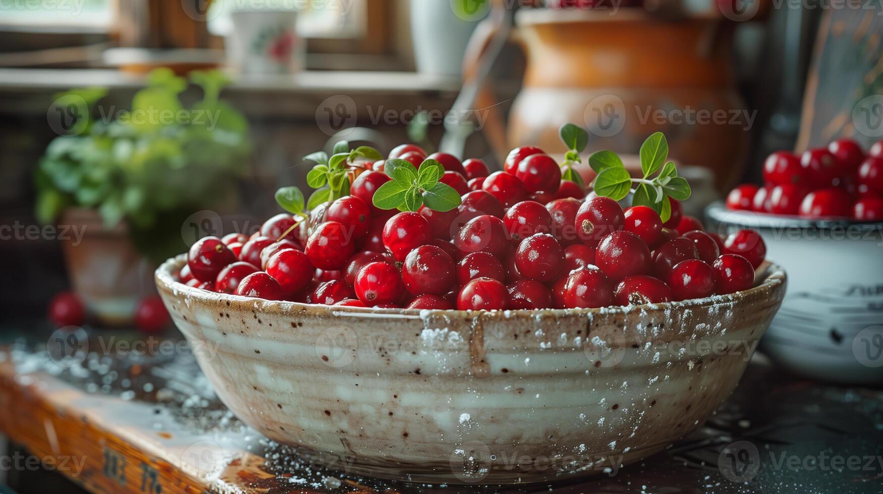 AI generated Freshly picked lingonberries in a pot. Vibrant red berries, jam, food photography. Generated by artificial intelligence. photo