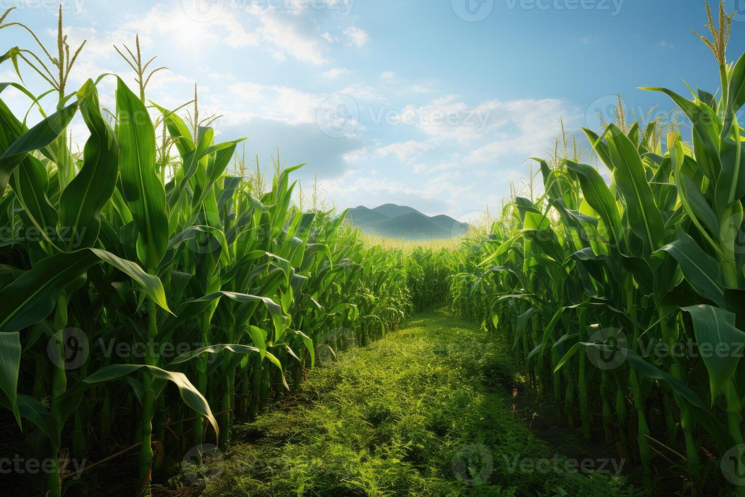 AI generated green corn field in the morning photo