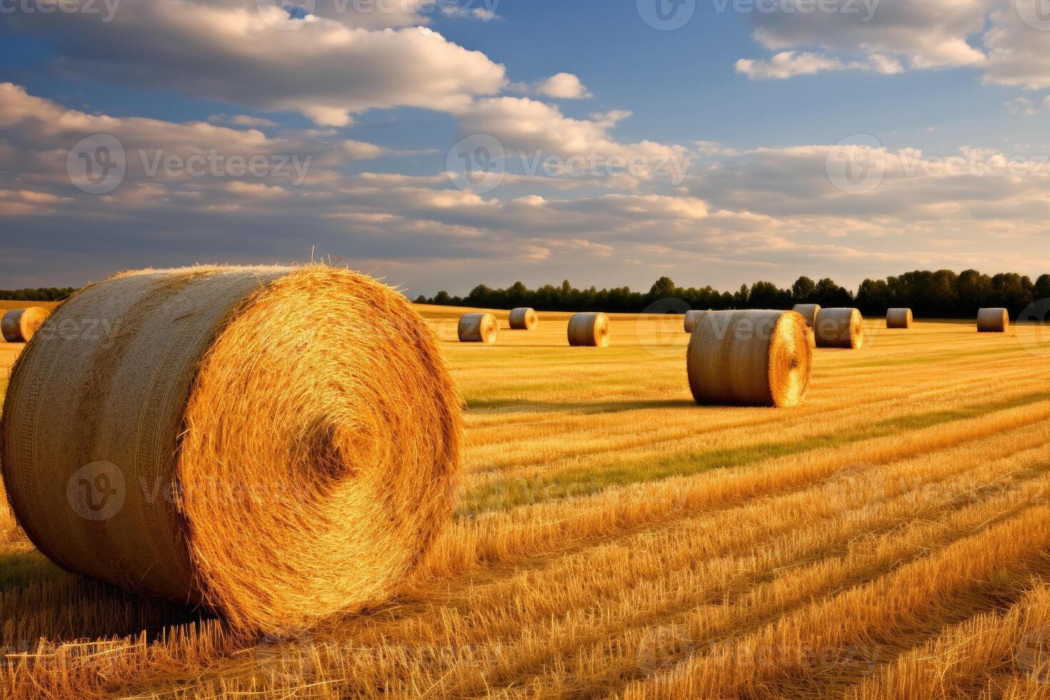 AI generated serene hay field with beautiful sky photo