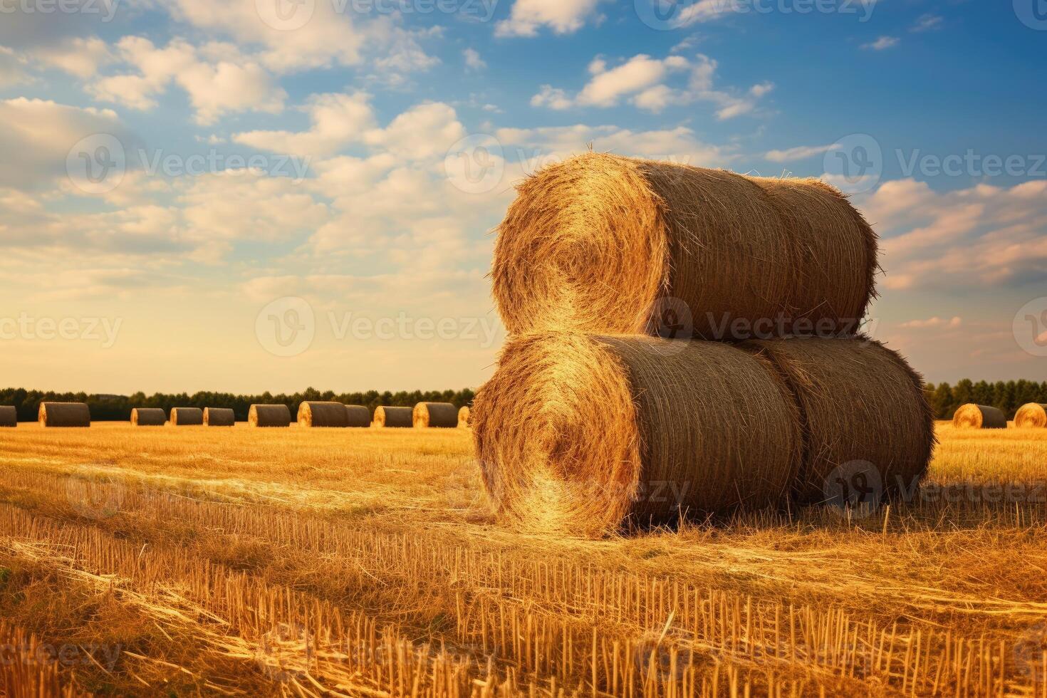 AI generated serene hay field with beautiful sky photo