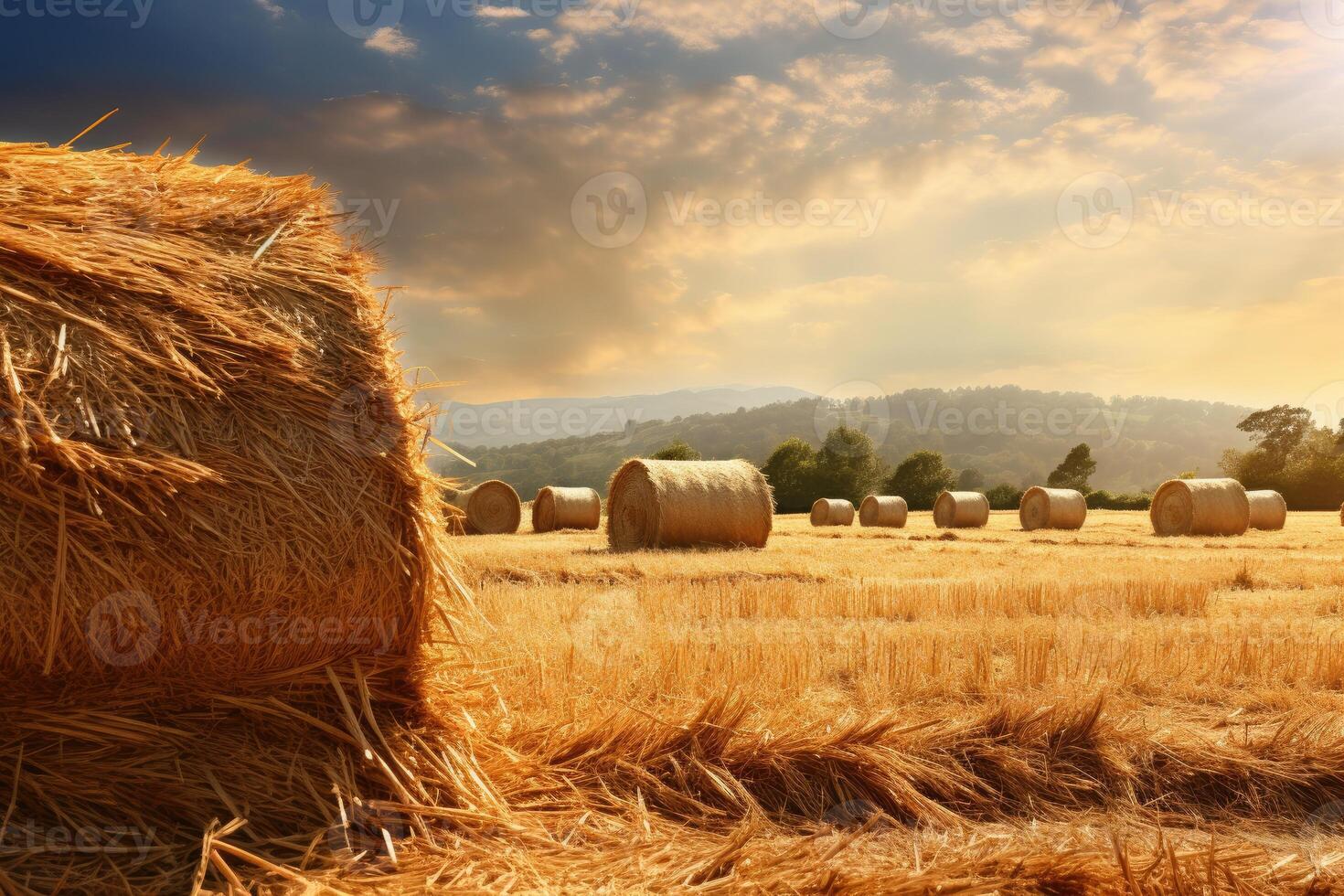 AI generated serene hay field with beautiful sky photo