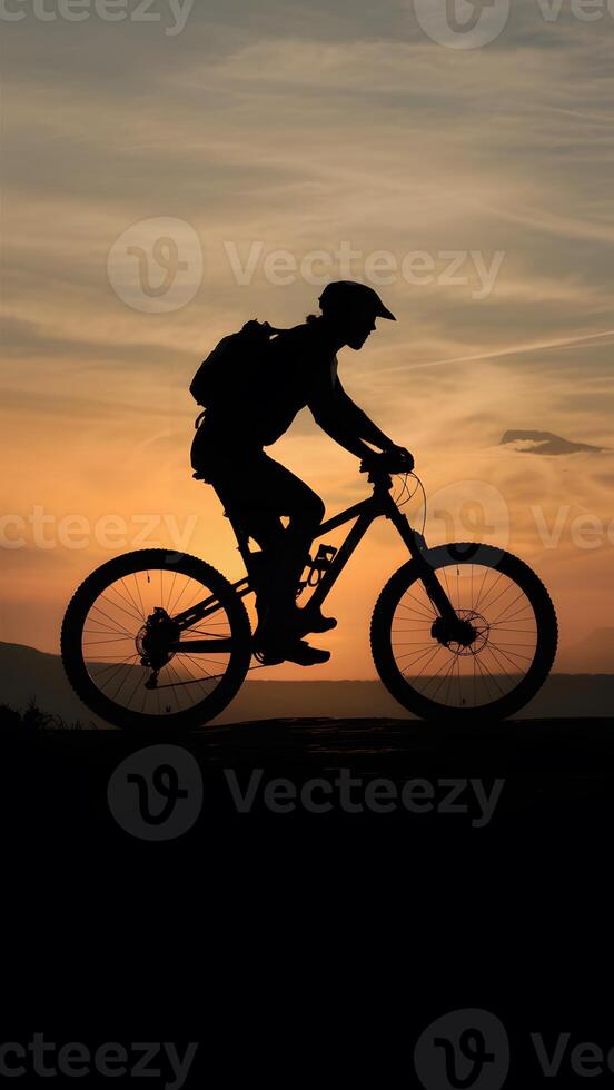 AI generated shot Silhouette of a man on mountain bike at sunset photo Vertical Mobile Wallpaper