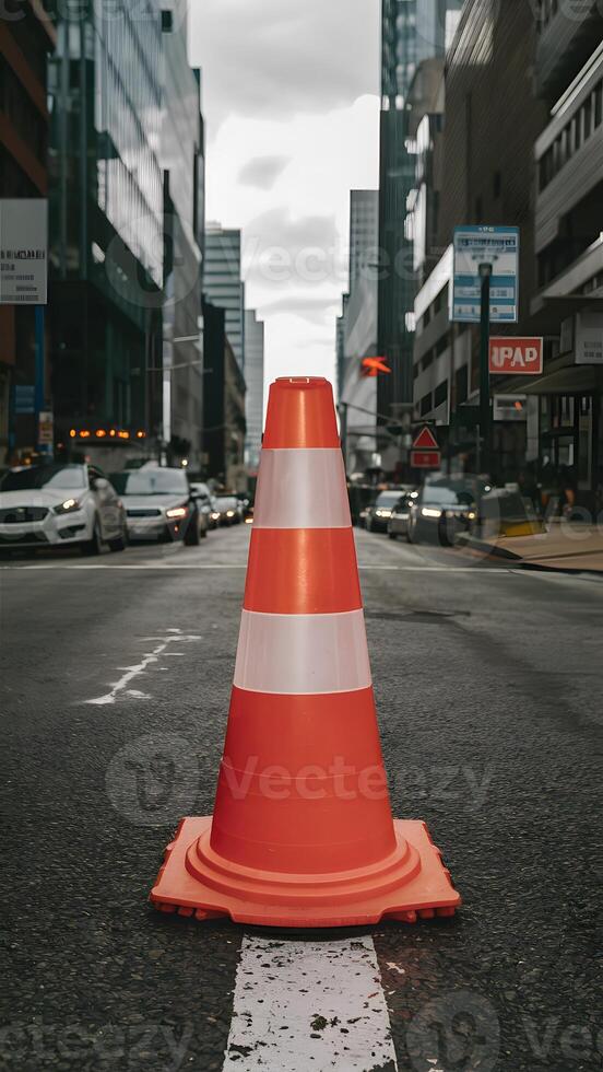 ai generado escena tráfico cono soportes alto, señalización precaución en urbano calle vertical móvil fondo de pantalla foto