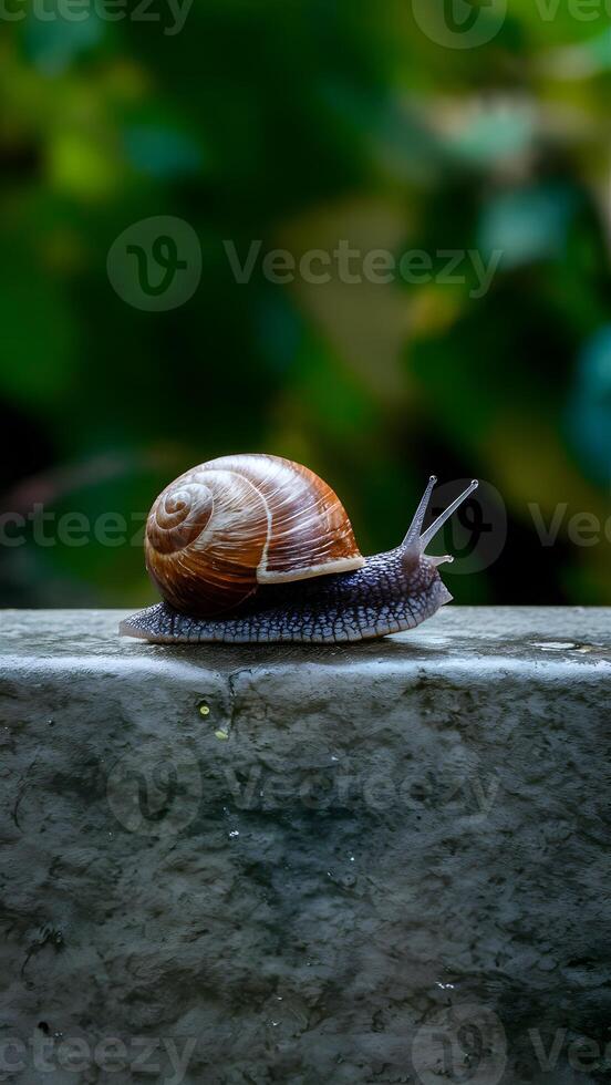 AI generated Snail on a stone wall, slow paced wildlife movement photo Vertical Mobile Wallpaper