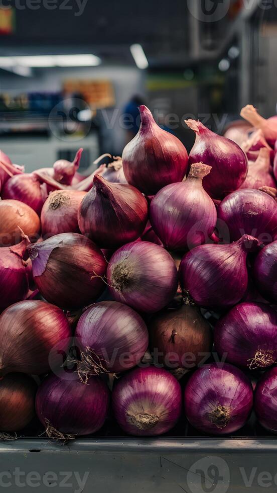 AI generated Stack of red onions on market stall, fresh produce photo Vertical Mobile Wallpaper