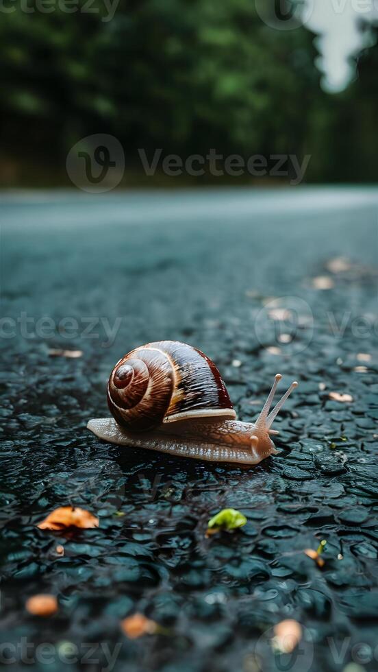 AI generated Subject Snail crawling on asphalt after rain, slow paced nature activity Vertical Mobile Wallpaper photo