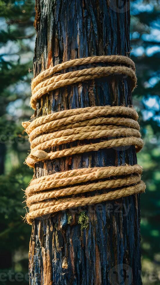 AI generated StockPhoto Thick hemp rope coils around tree, showcasing natural strength Vertical Mobile Wallpaper photo