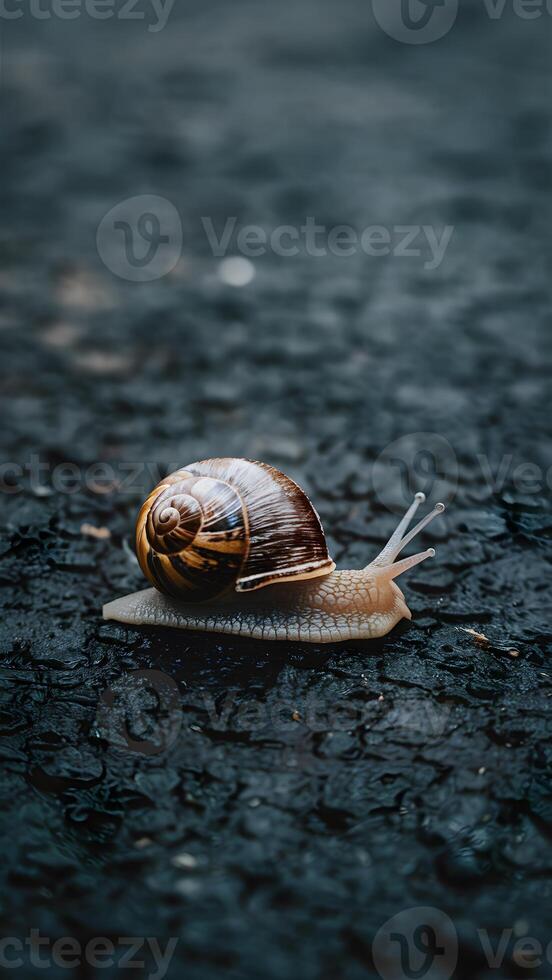 AI generated Subject Snail crawling on asphalt after rain, slow paced nature activity Vertical Mobile Wallpaper photo