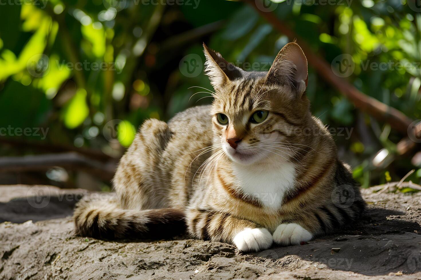 ai generado adulto calle gato toma el sol en luz de sol, relajante en natural alrededores foto