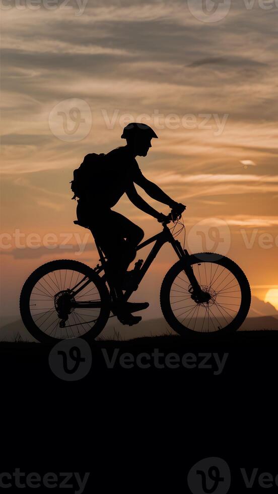 AI generated shot Silhouette of a man on mountain bike at sunset photo Vertical Mobile Wallpaper