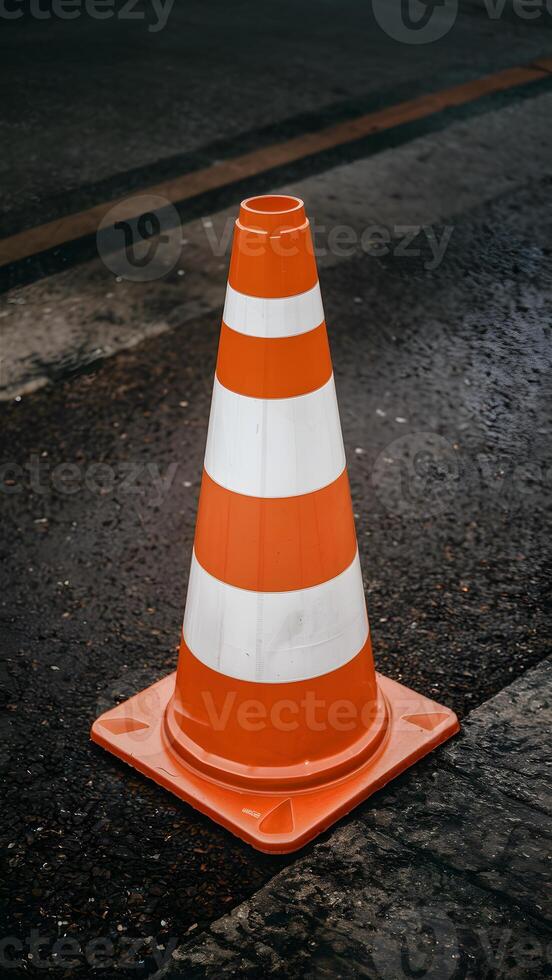 AI generated Striped orange and white road cone on pavement, close up Vertical Mobile Wallpaper photo