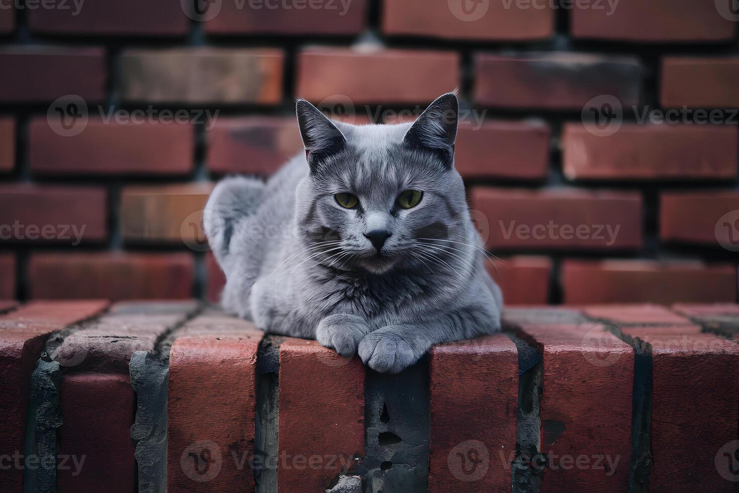 ai generado gris gato disfruta un pacífico momento encima rústico ladrillo superficie foto