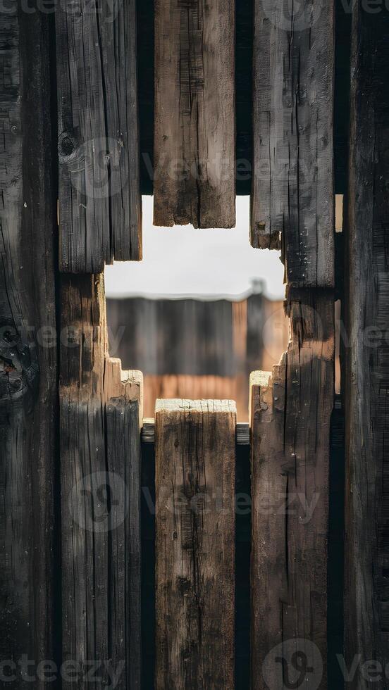 AI generated Texture of old wooden fence with hole, grunge background photo Vertical Mobile Wallpaper