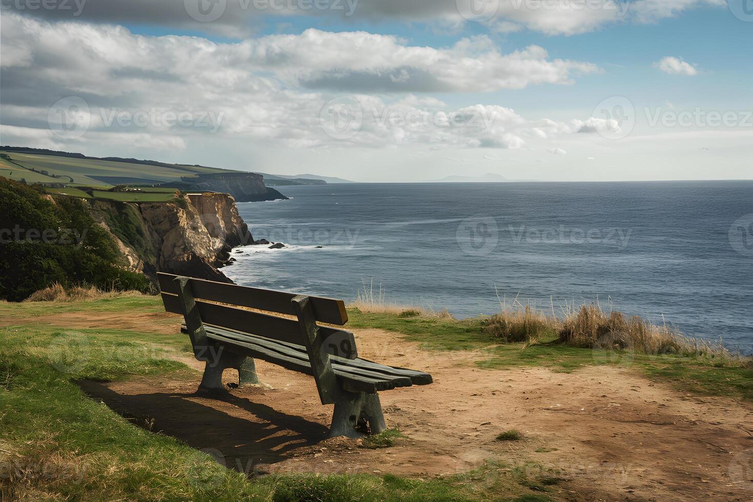 AI generated Empty bench on cliff overlooks peaceful sea, ideal for solitude photo