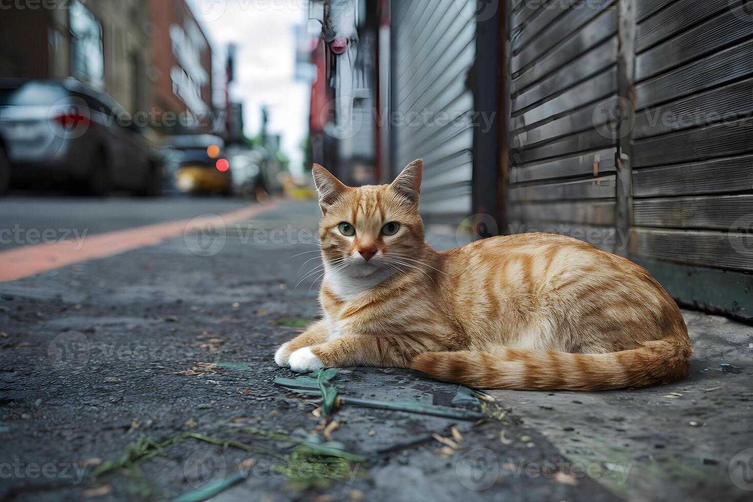 AI generated Orange cat lounges comfortably on the urban streets photo