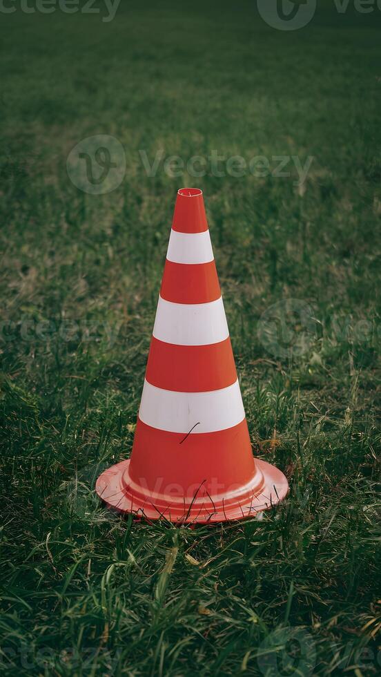 AI generated Traffic cone or funnel on green field background, safety marker photo Vertical Mobile Wallpaper