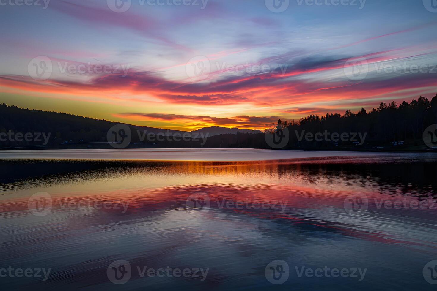 ai generado vistoso puesta de sol cielo refleja en el tranquilo superficie de el lago foto