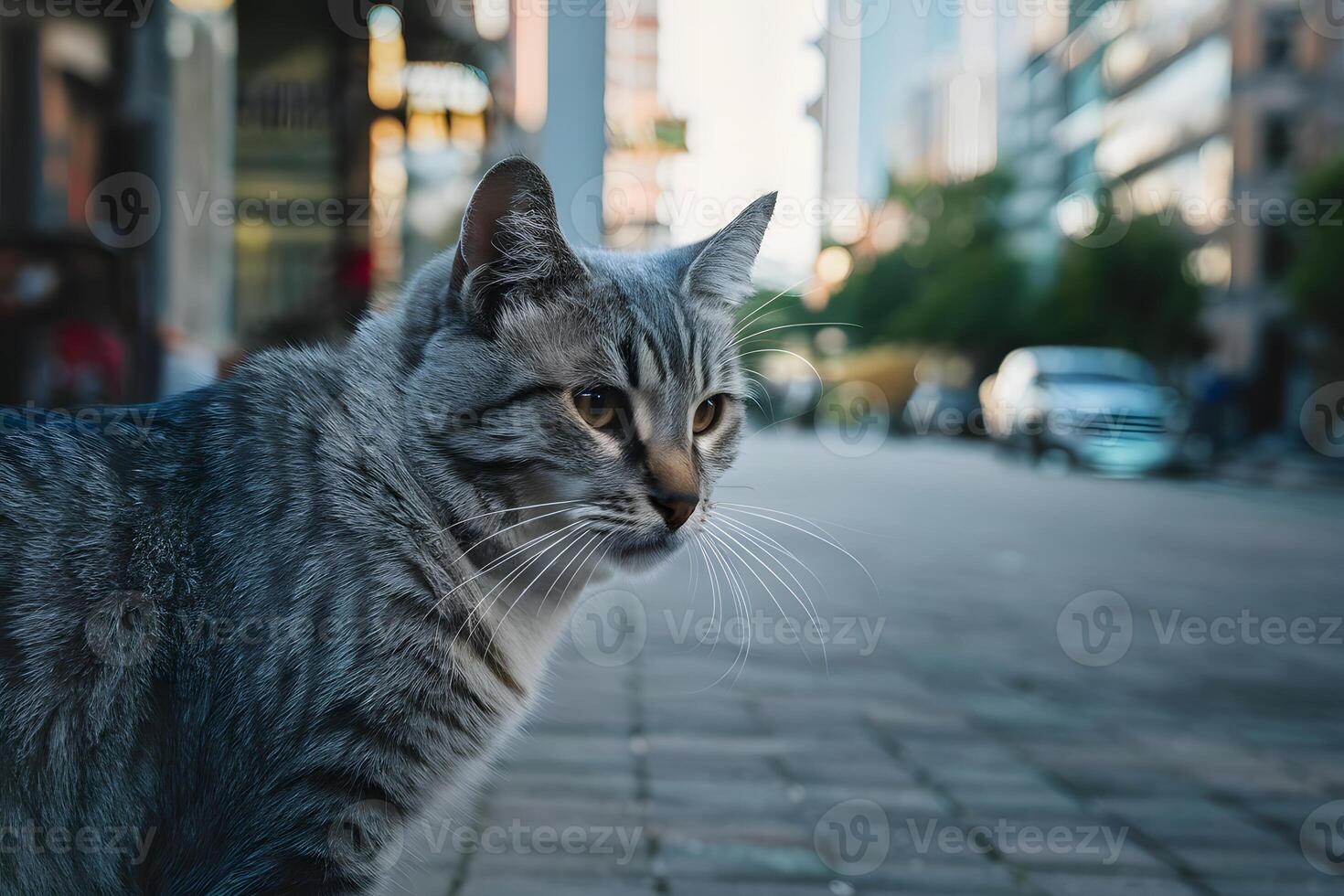 ai generado gris calle gato observa alrededores en al aire libre urbano ajuste foto