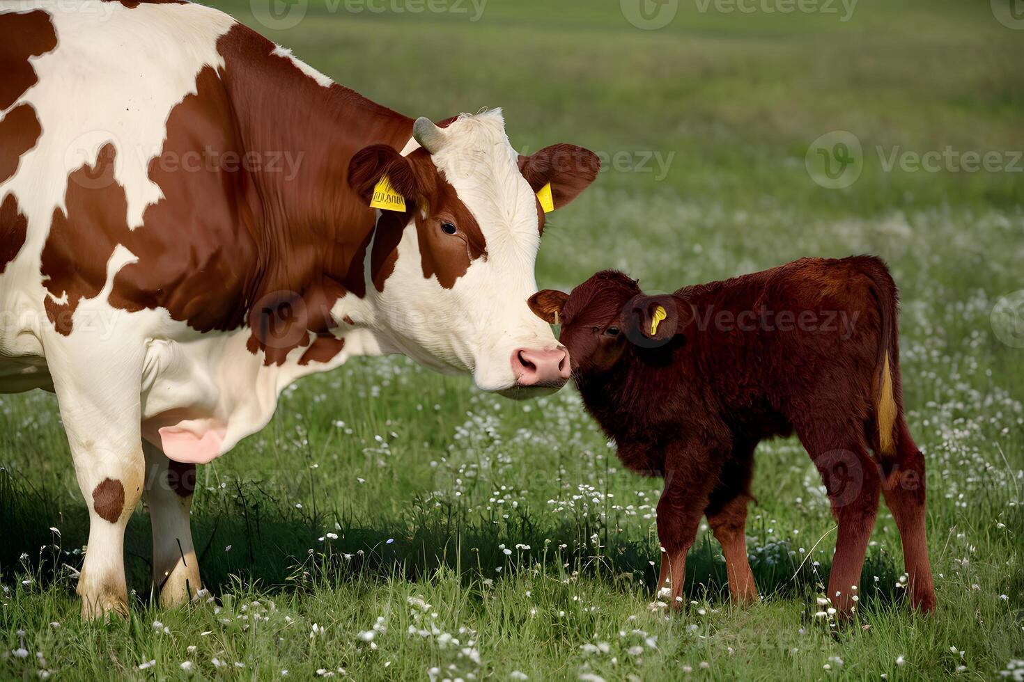 AI generated Cow affectionately interacts with its brown calf in the field photo