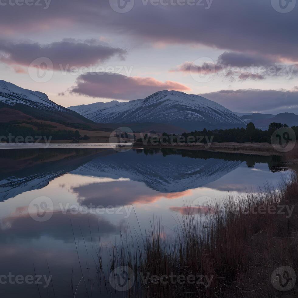 ai generado amanecer cielo reflejar en tranquilo aguas de lago dunvegano para social medios de comunicación enviar Talla foto
