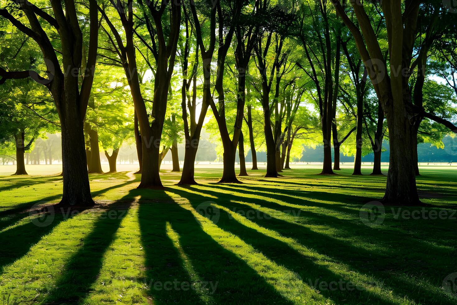 ai generado imponente arboles emitir largo oscuridad en vasto verde parque campo foto