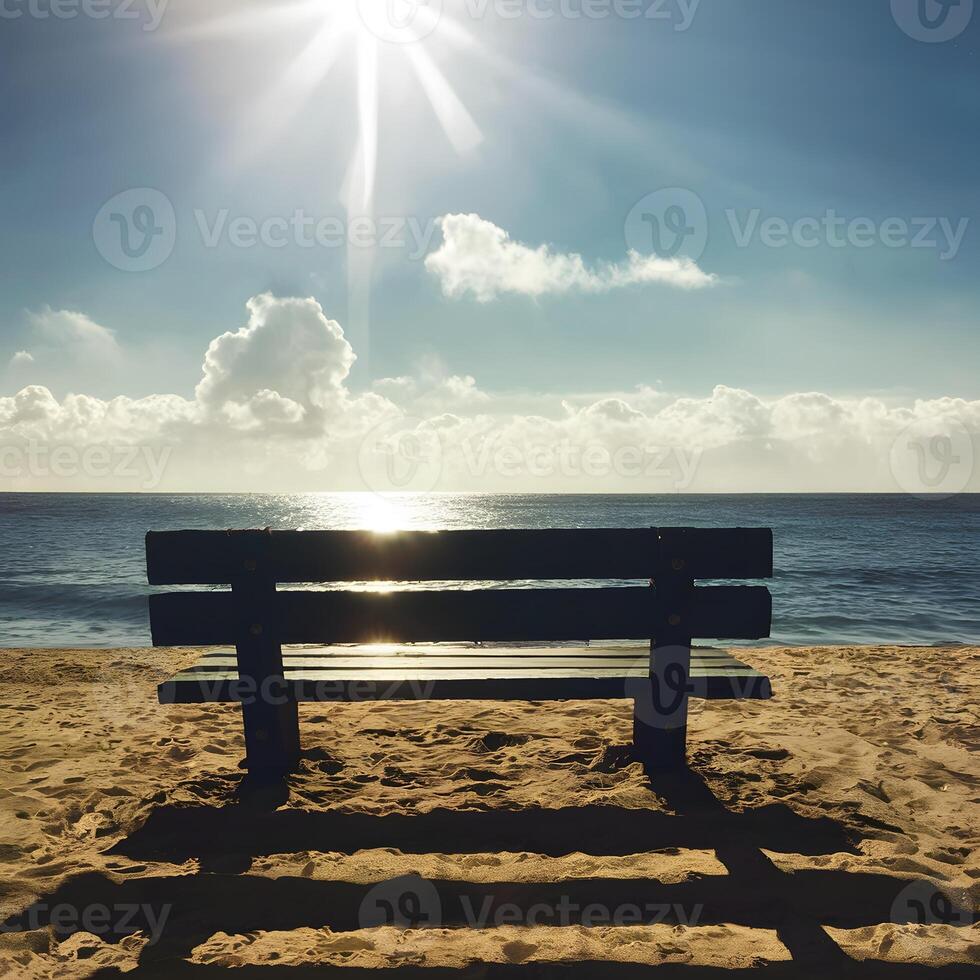 AI generated Bench bathed in sunlight offers a serene spot on the beach For Social Media Post Size photo