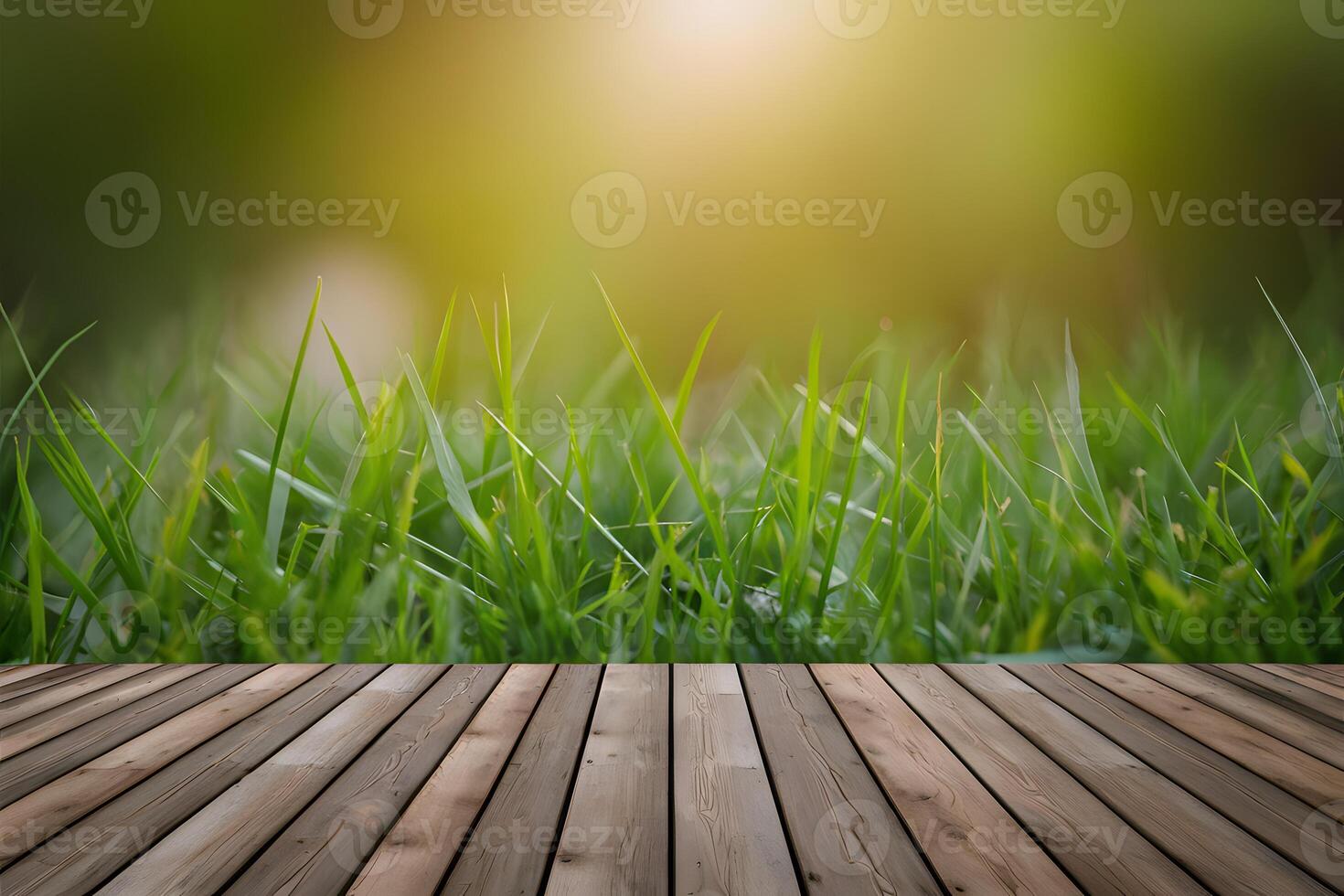 AI generated Wooden floor juxtaposed with blurred grass background offers tranquility photo