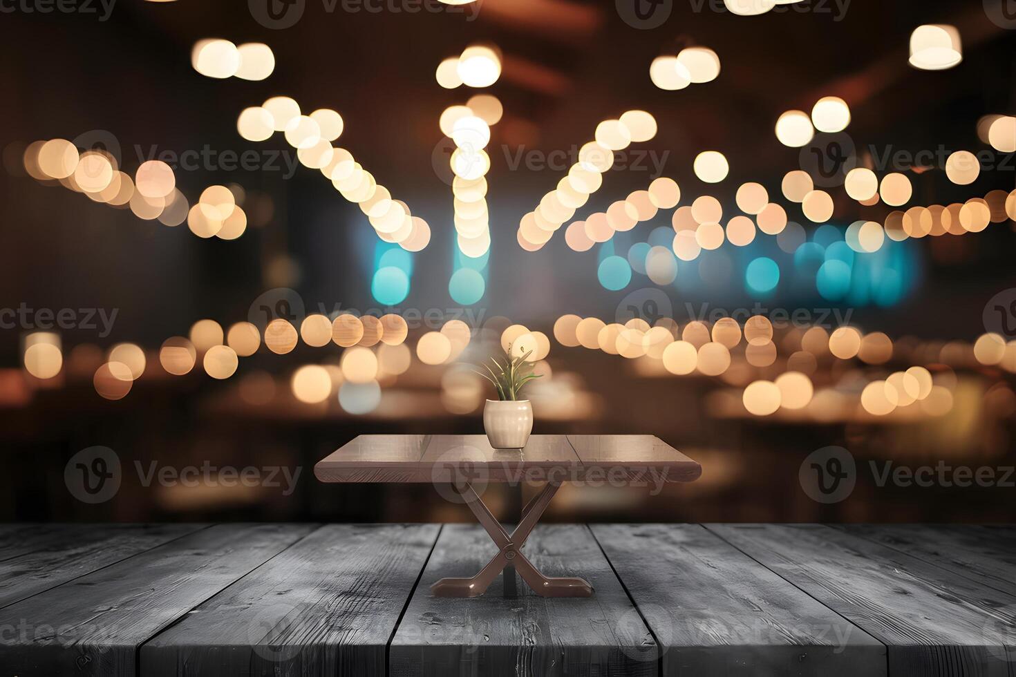 AI generated Subject Empty wooden table against abstract blurred restaurant lights backdrop photo