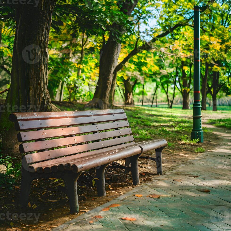 AI generated Brown wooden bench in park on sunny day For Social Media Post Size photo