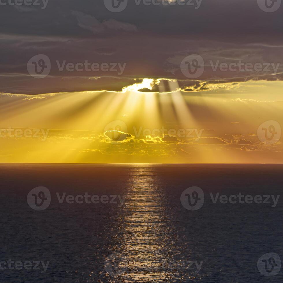 AI generated Dramatic sunset over North Sea bathed in golden sunbeams For Social Media Post Size photo