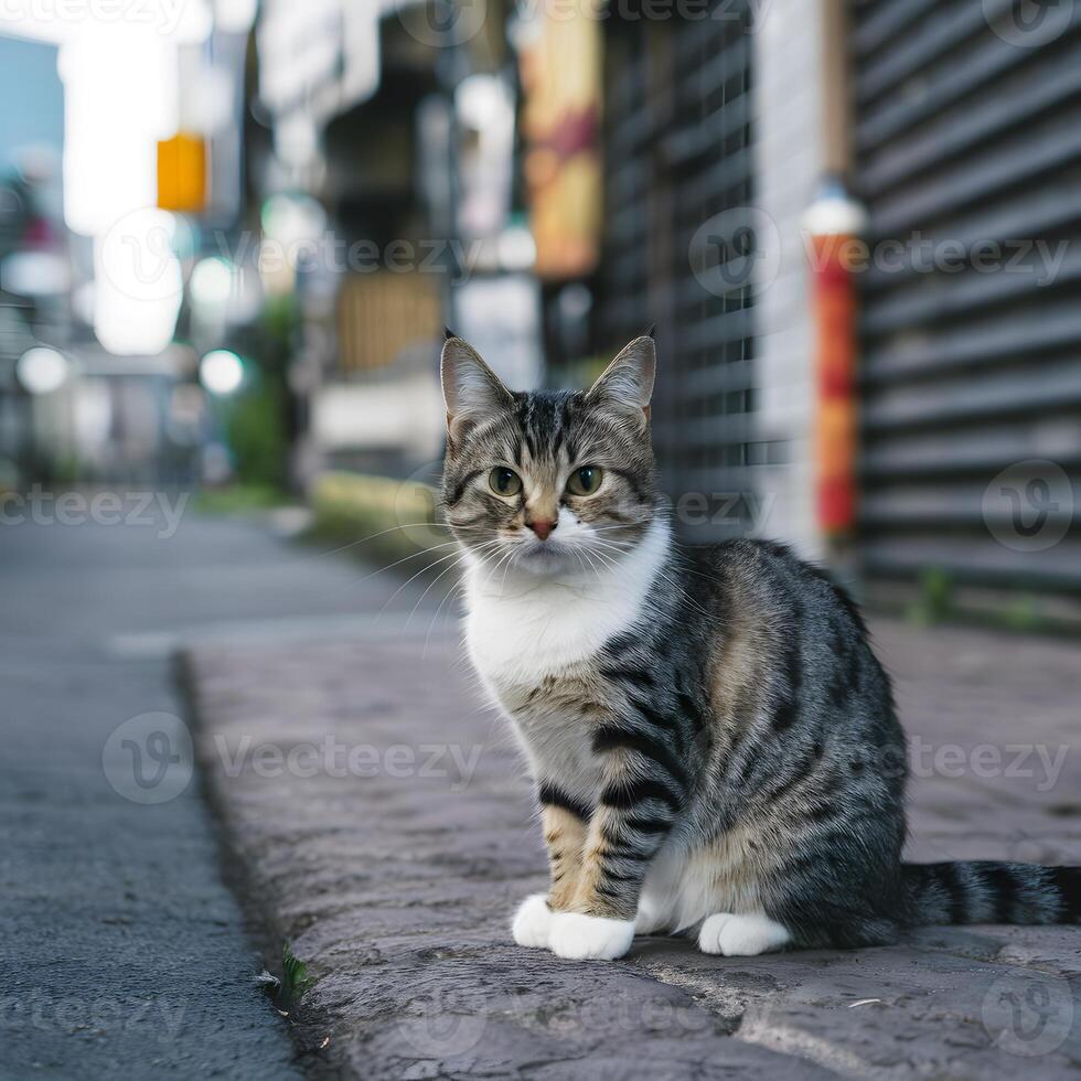 AI generated Blurry background highlights small Thai cat in charming urban setting For Social Media Post Size photo