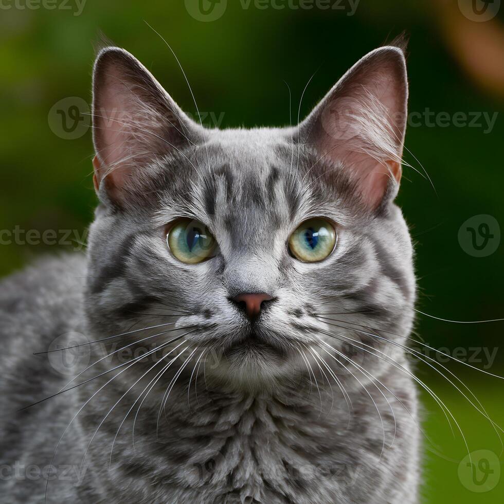 AI generated Digital Gray cat with blue green eyes gazes ahead, popular pet concept For Social Media Post Size photo