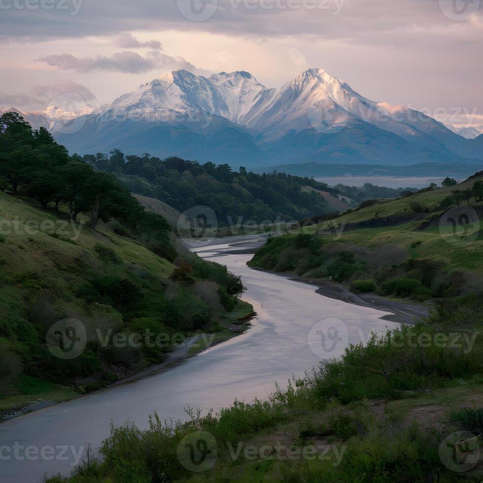 ai generado hermosa Mañana paisaje de río y montaña para social medios de comunicación enviar Talla foto