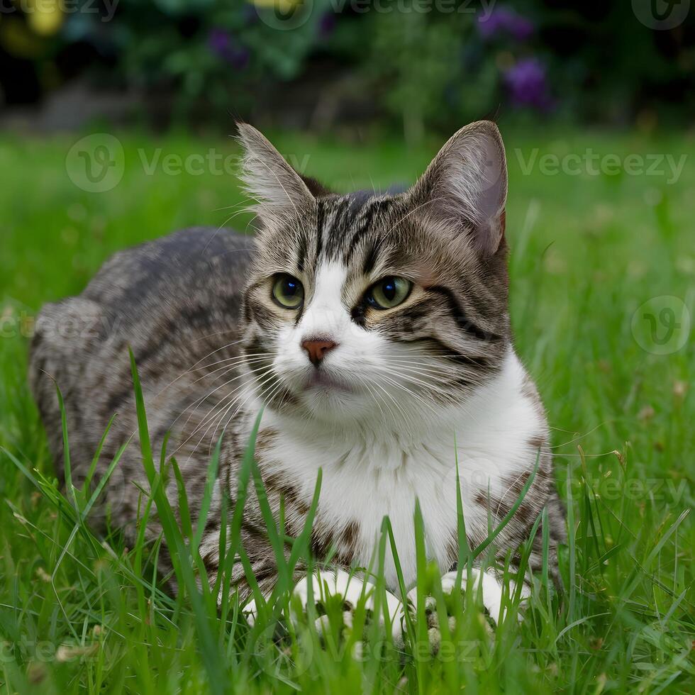 AI generated Cat lying on garden grass, enjoying a peaceful day For Social Media Post Size photo