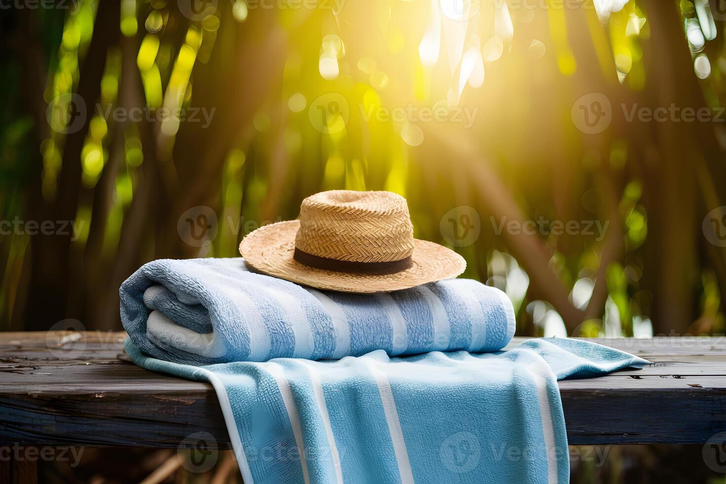 AI generated Tabletop with towel against nature backdrop evokes summer vibes photo