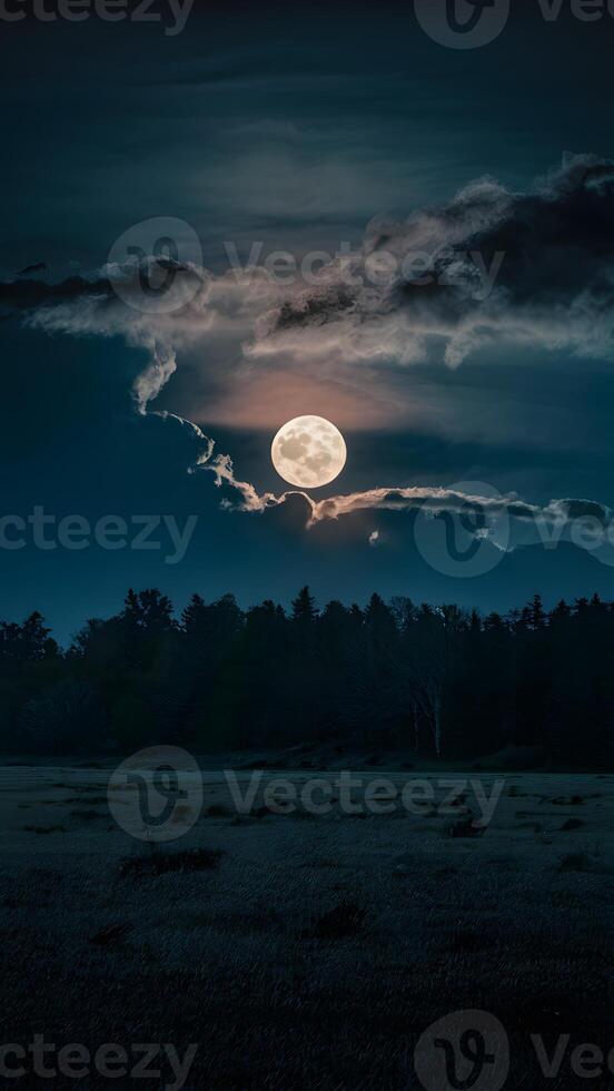 AI generated Full moon peeks through dark clouds, casting an eerie glow Vertical Mobile Wallpaper photo