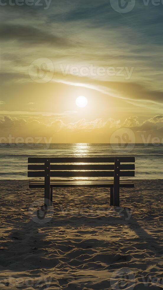 AI generated Bench bathed in sunlight offers a serene spot on the beach Vertical Mobile Wallpaper photo