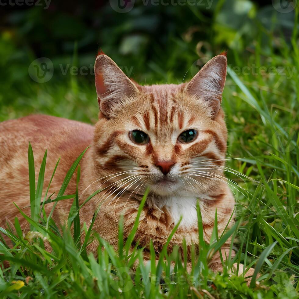 ai generado rojo gato descansa graciosamente en medio de lozano verde herboso alrededores para social medios de comunicación enviar Talla foto