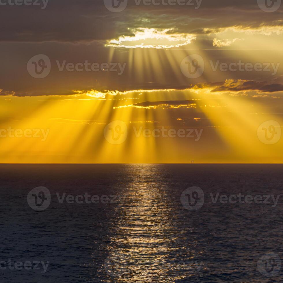 AI generated Dramatic sunset over North Sea bathed in golden sunbeams For Social Media Post Size photo