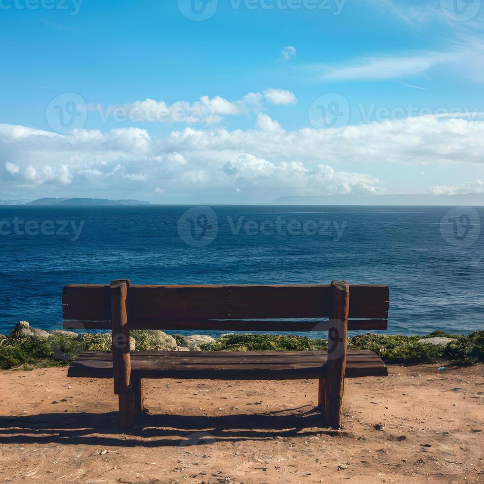 ai generado Disparo de madera banco con mar vista, Perfecto para relajación y contemplación para social medios de comunicación enviar Talla foto