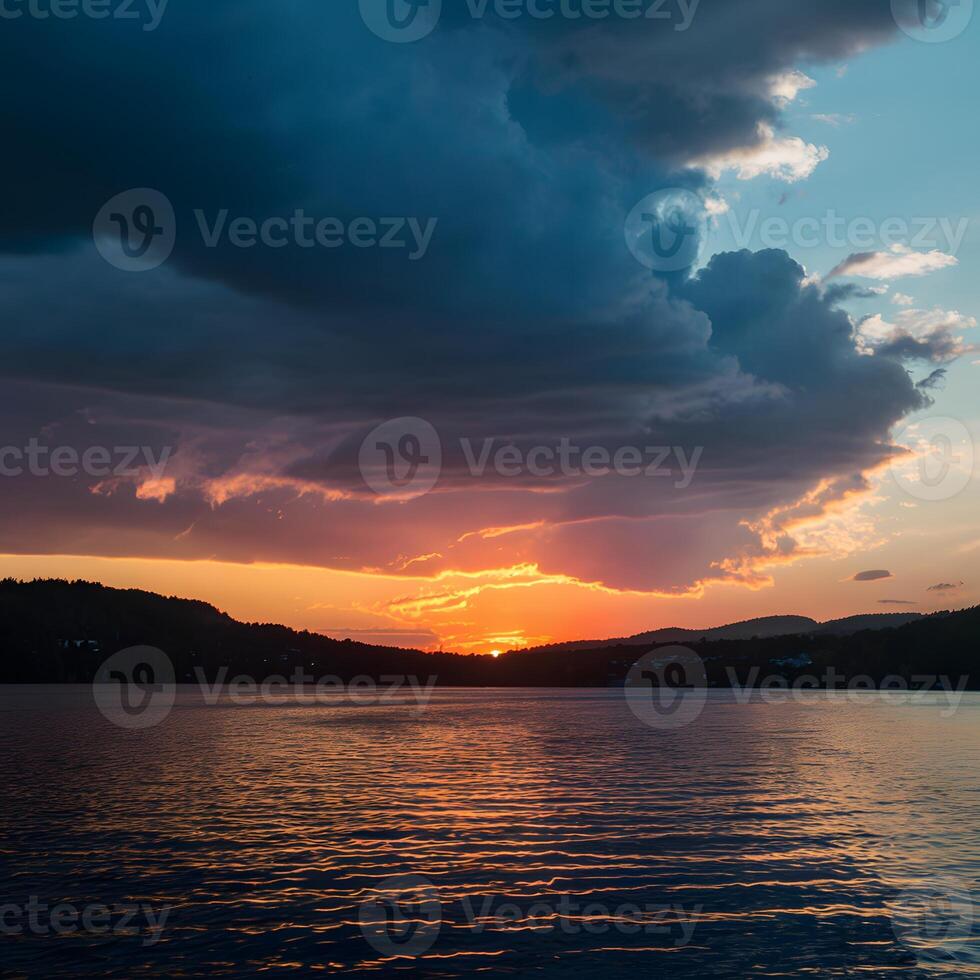 ai generado puesta de sol a el lago se despliega debajo dramático oscuro nubes para social medios de comunicación enviar Talla foto