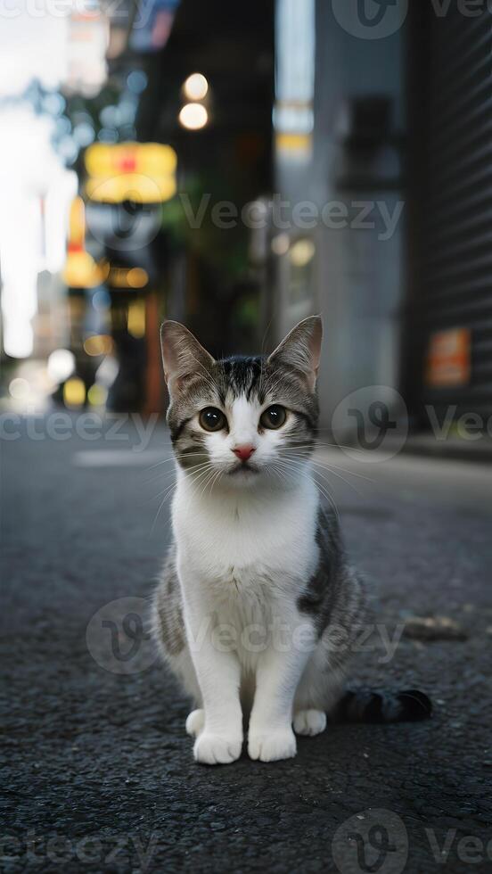 AI generated Blurry background highlights small Thai cat in charming urban setting Vertical Mobile Wallpaper photo