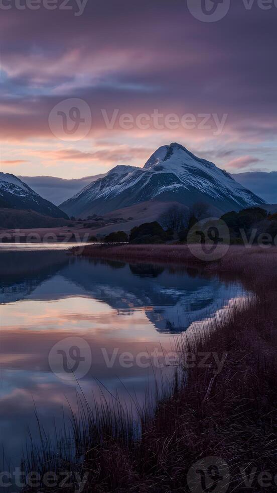 AI generated Dawn skies reflect in tranquil waters of Loch Dunvegan Vertical Mobile Wallpaper photo