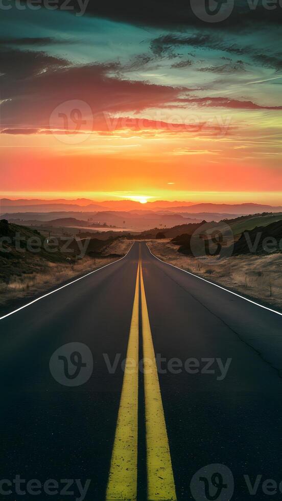 ai generado asfalto la carretera toma el sol en amanecer calentar resplandor vertical móvil fondo de pantalla foto